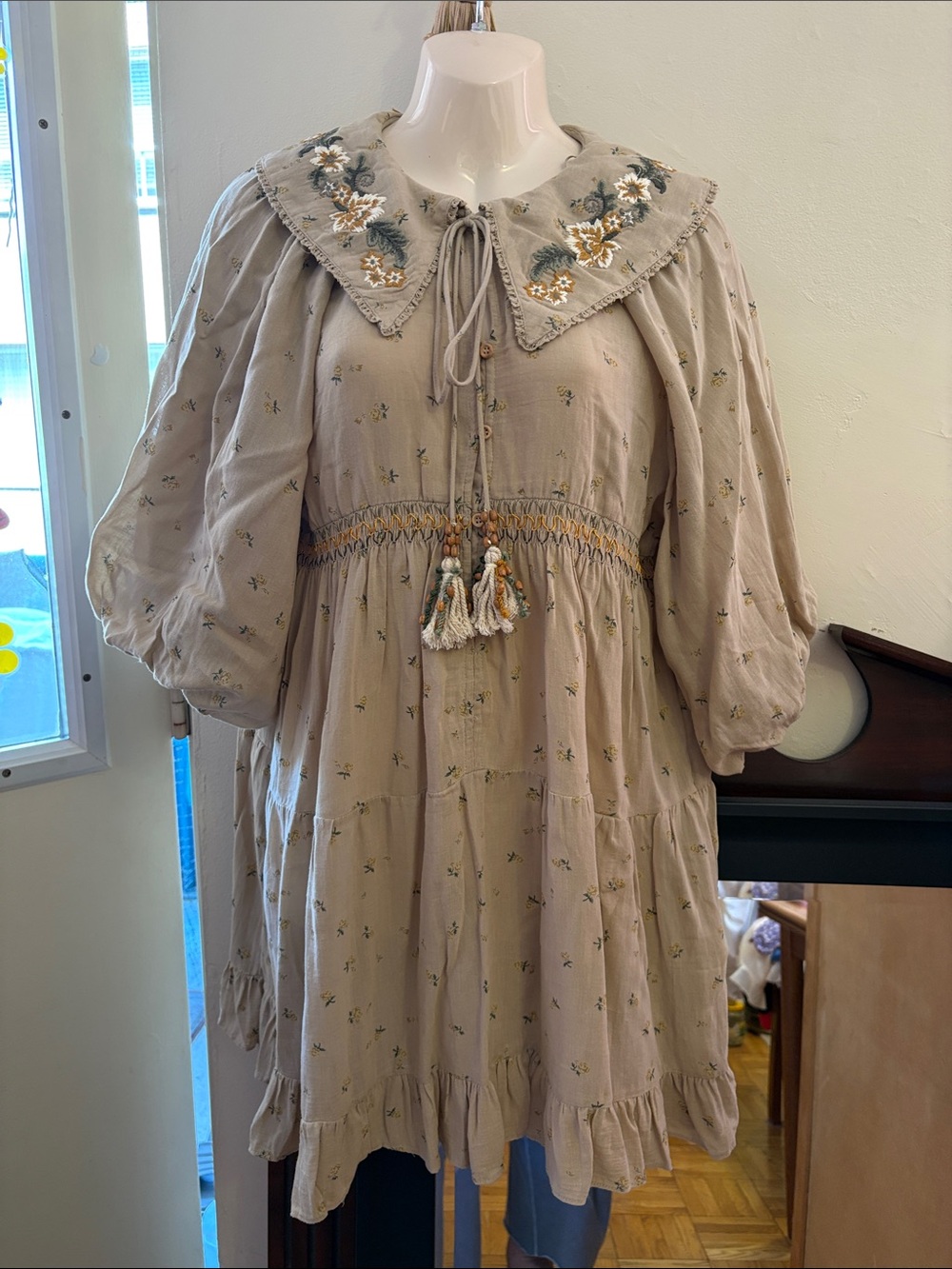 Zara Beige Floral-Embroidered Collar Tiered Midi Dress